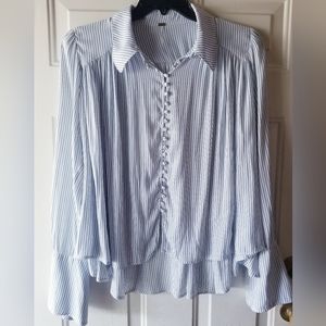 Free People Boho Flowy Bell Sleeve Pinstripe Button Down Blouse Top Size M